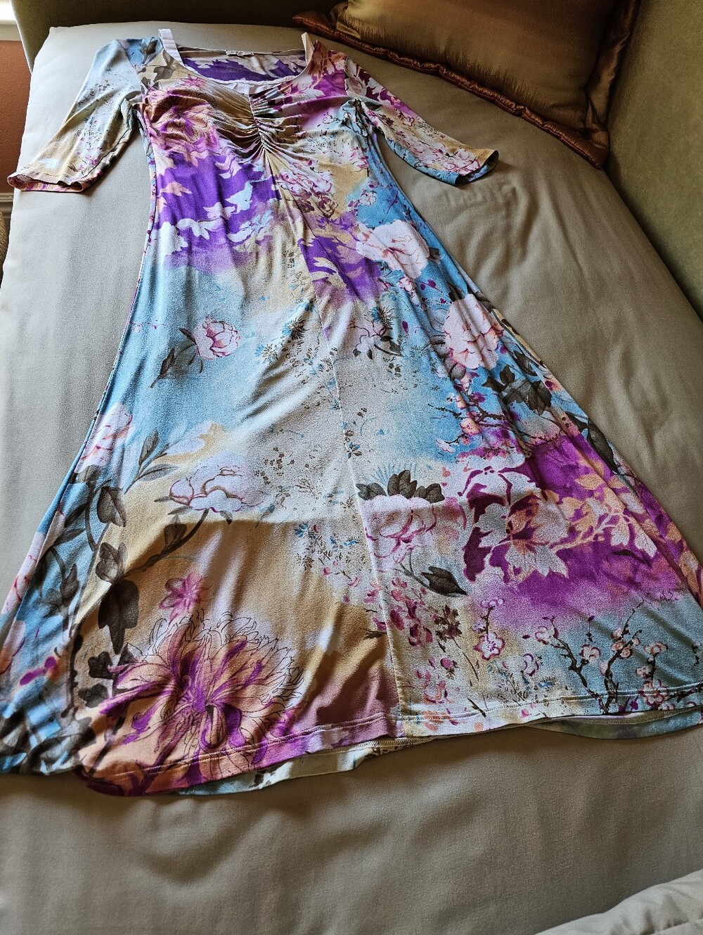 Authentic Etro Floral Scoop Neck 3/4 Sleeve Ruched Maxi Dress Stretch M